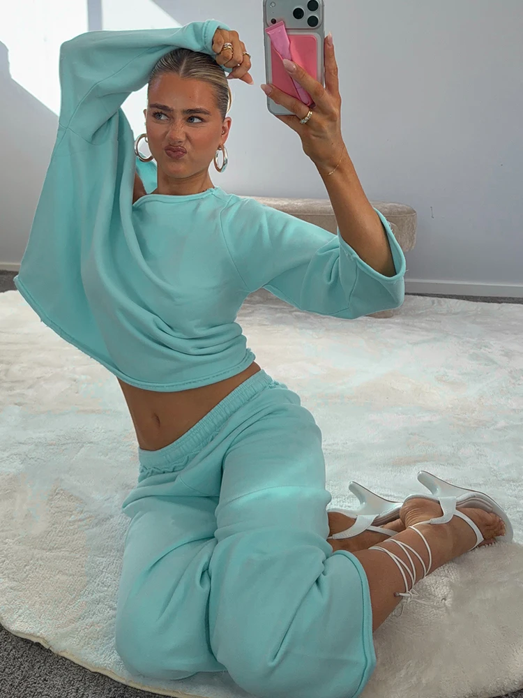 Nibber Einfaches 2-Teiliges Set für Damen: Schräger Kragen, Off-Shoulder, Langarm-Crop-Top + Lange Hose mit Elastischem Bund, Lässiger Modestil-Anzug – Detail 4