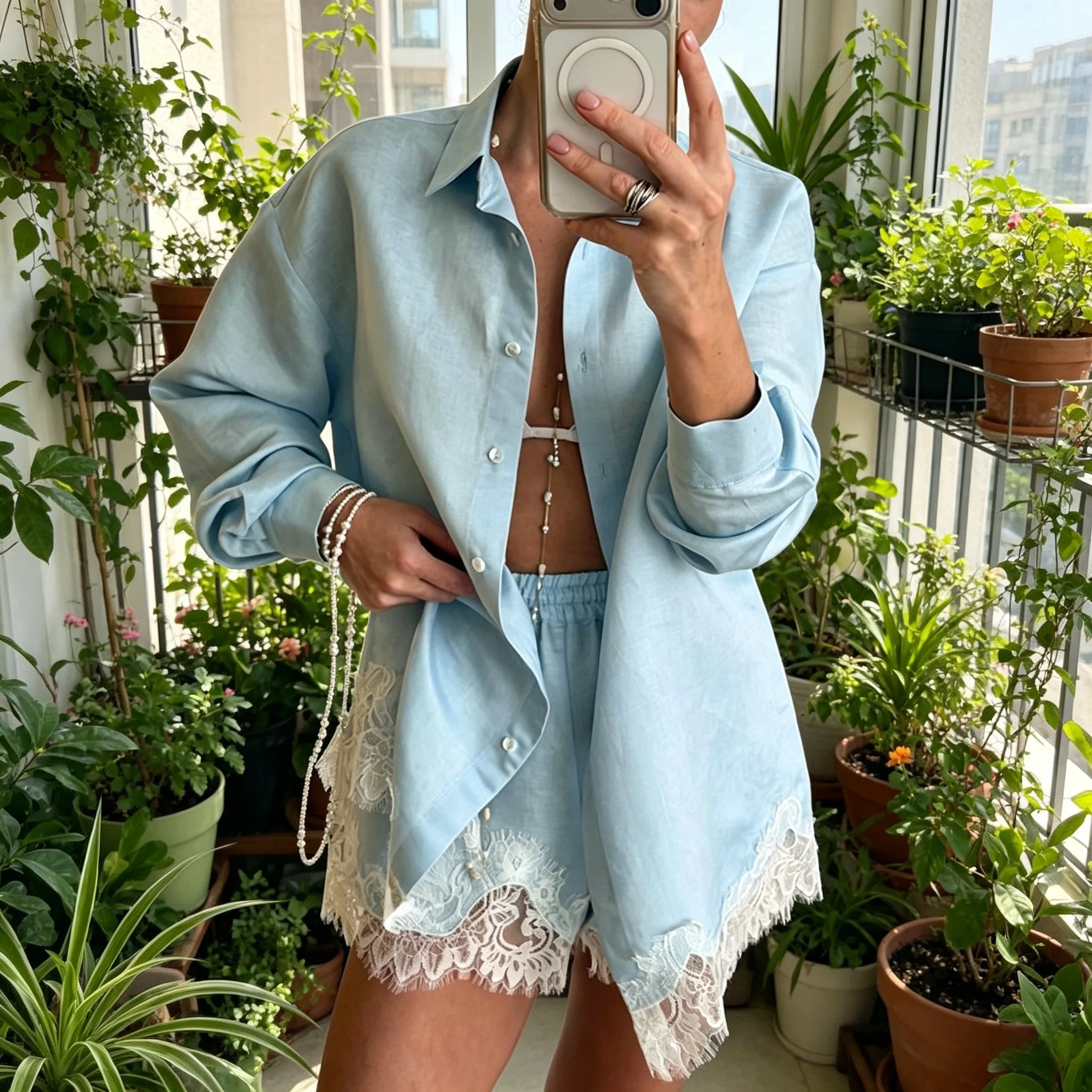 

Fashionable Long Sleeve Pure Color Shirt Lace Patchwork Short Set Women's Summer New Arrival LinJ Spicy Girl Casual Wear
