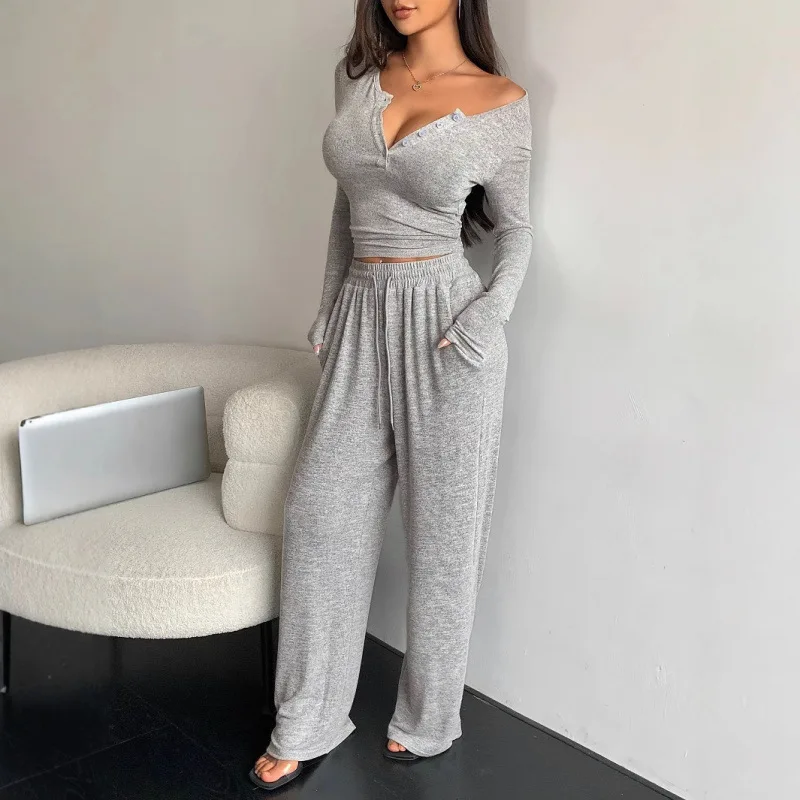 Two Piece Set Womens 2026 New Short Style Slim Fit V-neck Buckle Long Sleeved T-shirt Base Shirt Wide Leg Pants Long Pants Set
