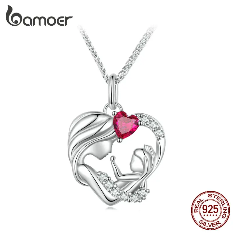 Bamoer 925 Sterling Silver Mother and Child Pendant Necklace for Women Mother's Day Birthday Fine Jewelry Gift BSN323