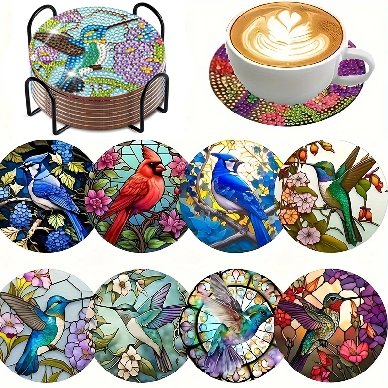 8-piece DIY Diamond Painting Wooden Coaster Set, Bird Pattern Diamond Art Mosaic Beverage Mat, Table Mat, Non slip Coaster, Chri