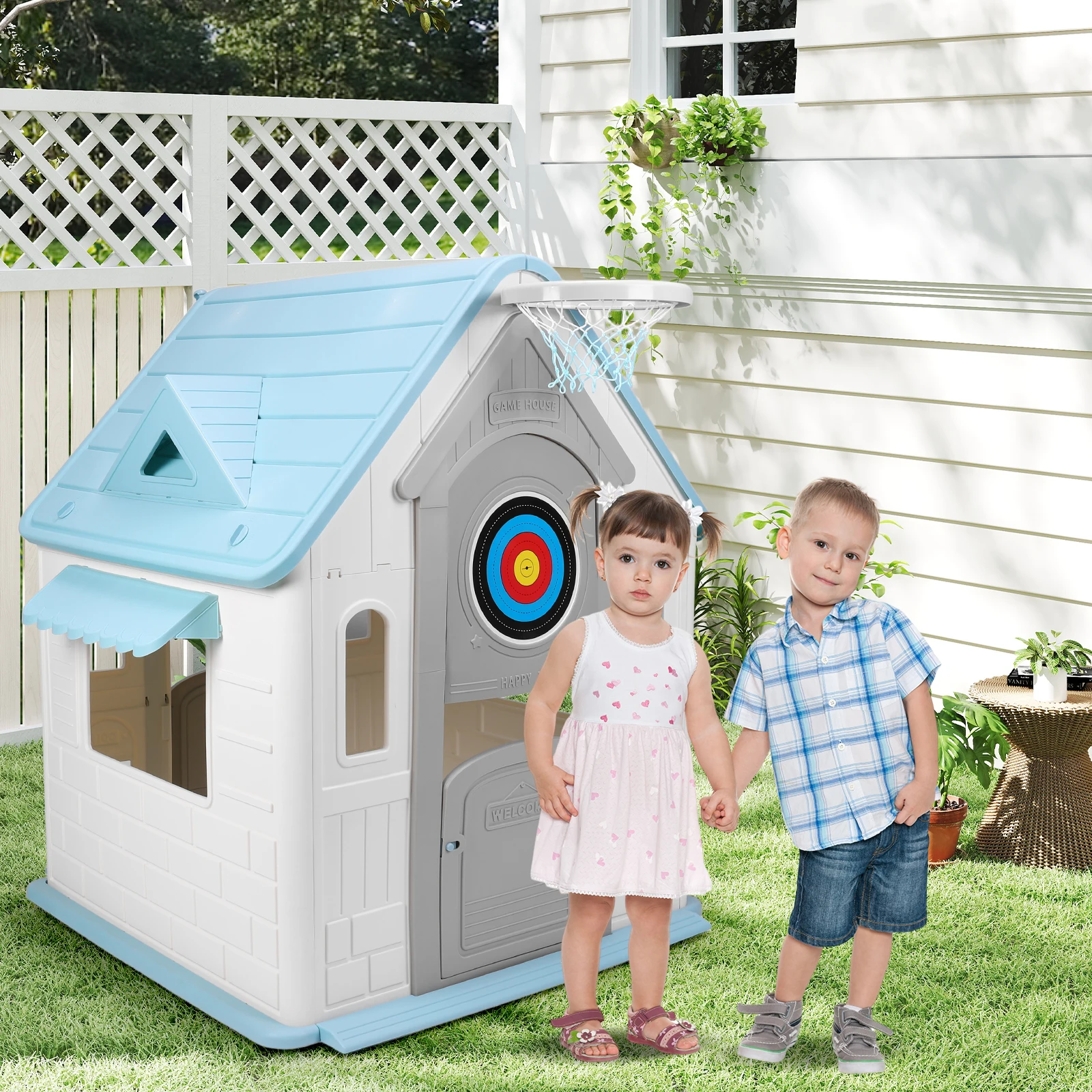 مسرح للأطفال مع لوح رمي السهام على شكل طوق كرة السلة، نشاط الفناء الخلفي غير سام، هيكل لعب الحديقة، خيمة لعب خيالية #6