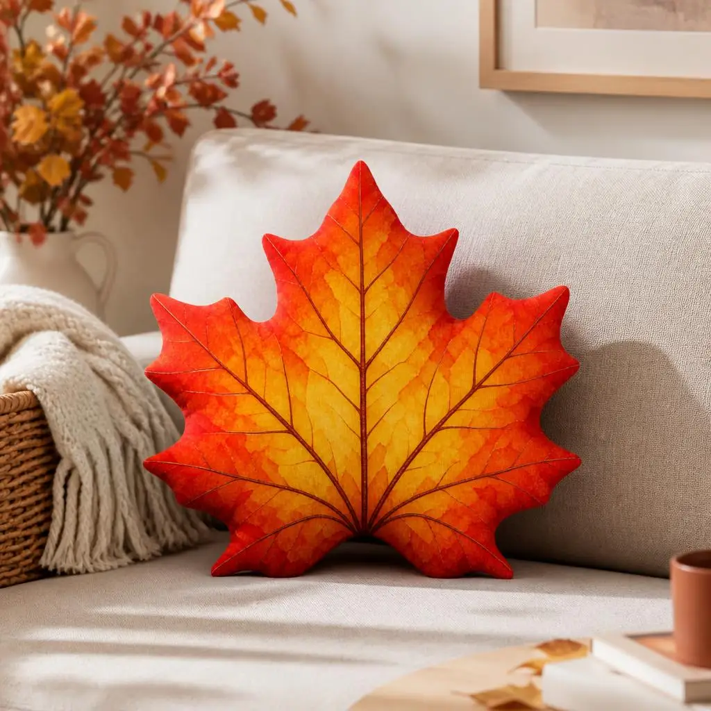 Maple Leaf Shaped Throw Pillow, 2D Watercolor Printed Stuffed Cushion, Autumn Fall Harvest Decor Pillow for Sofa Bedroom