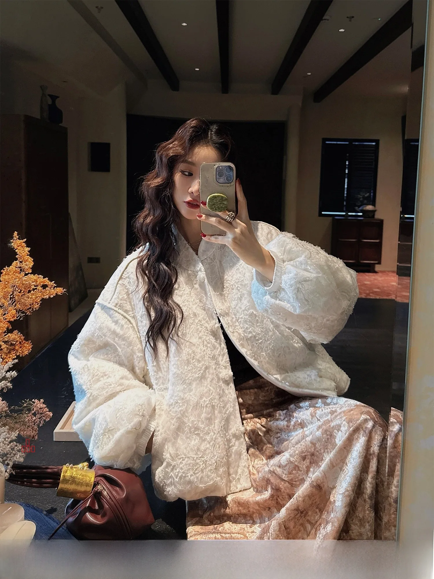 

Sanji Bla Flower ort Silk Bead Embroidery down Jaet Women's Winter Coat Vintage Sle 90% White Du down Fil...