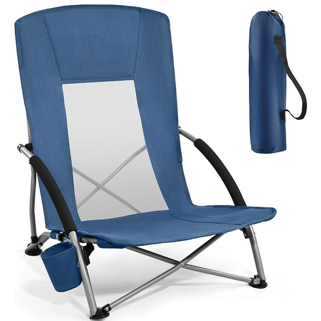 Low Profile Beach Chairs for Adults, Lightweight Portable Outdoor Folding Camping Chair with Cup Holder, Breathable Mesh Back, Reinforced Frame Supports 350 LBS, Storage Carry Bag for Sand Lawn Travel Picnic Festival Concert