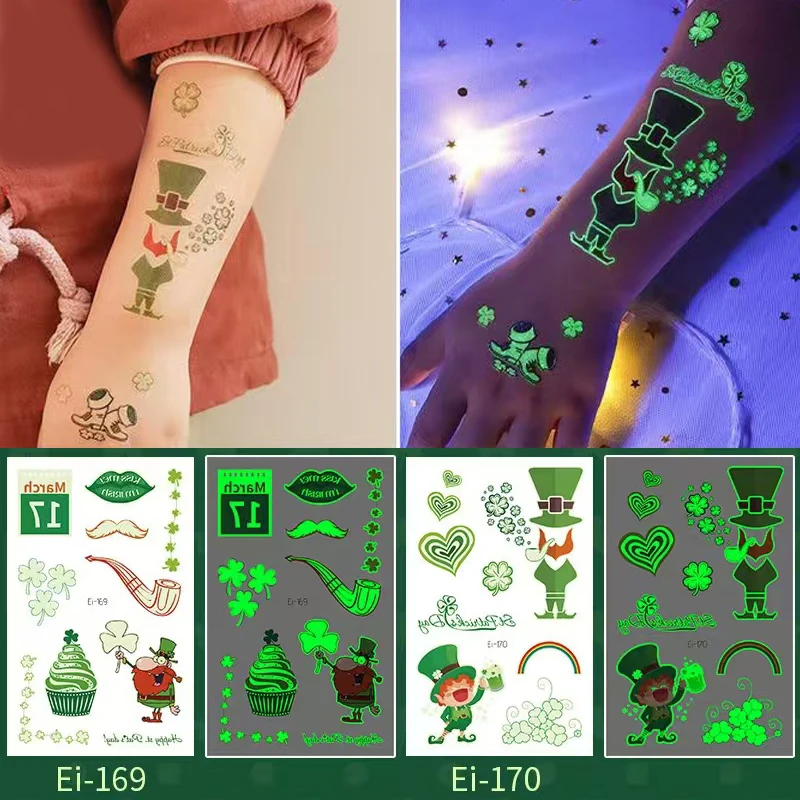 

Green Luminous Tattoo Sticker Saint Patricks Day Shamrock Patrick's Day Skin Clover Flase Sticker for Hand Face