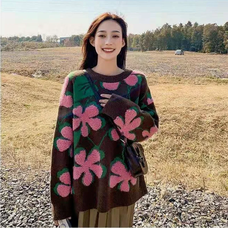

Ladies round neck long-sleeved pullover sweater 2023 autumn and winter fashion new loose-fitting printed knitted top