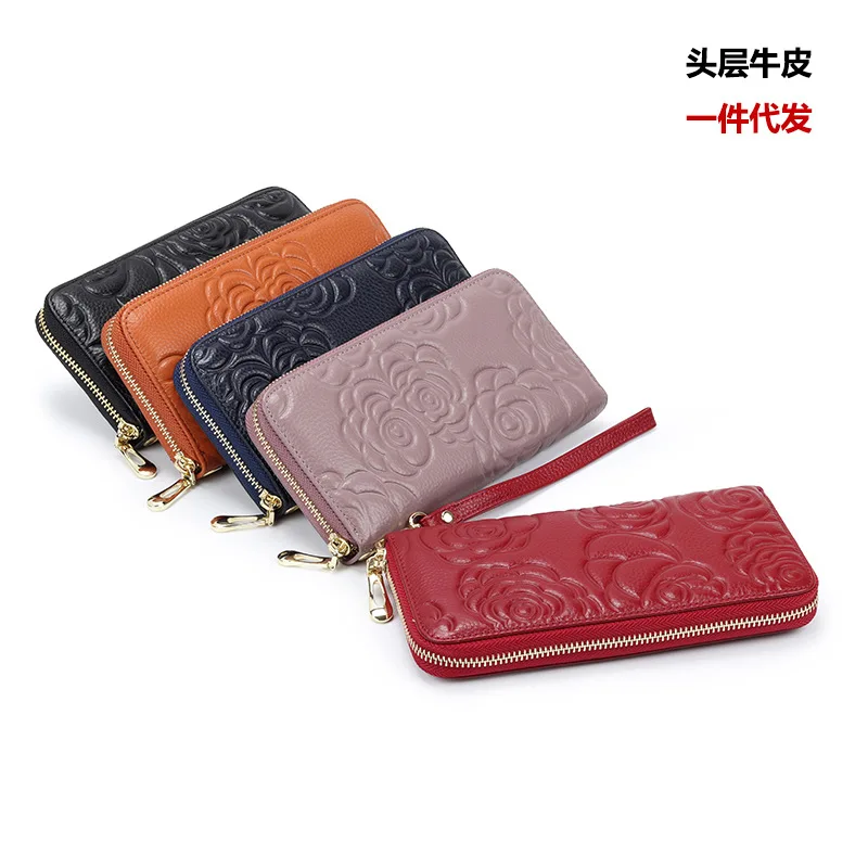 

Гуанчжоу производитель оптовая цена женский кошелек новый натуральная кожа длинная сумка на одной молнии модные кошельки из воловьей кожи с камелией