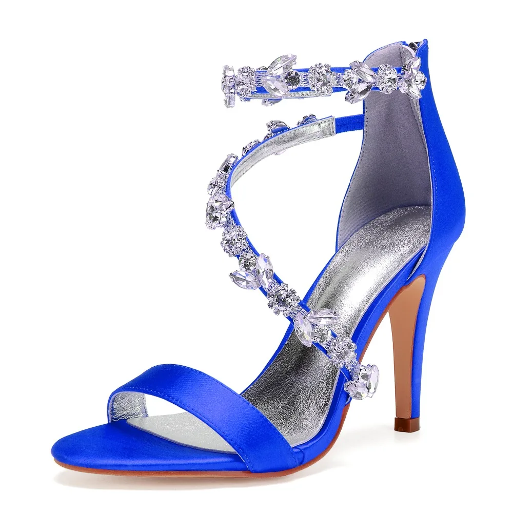 High Heels Rhinestones Wedding Sandals Shoes Women Open Toe Satin Zipper Back Strap Evening Party Summer Ladies Sandals