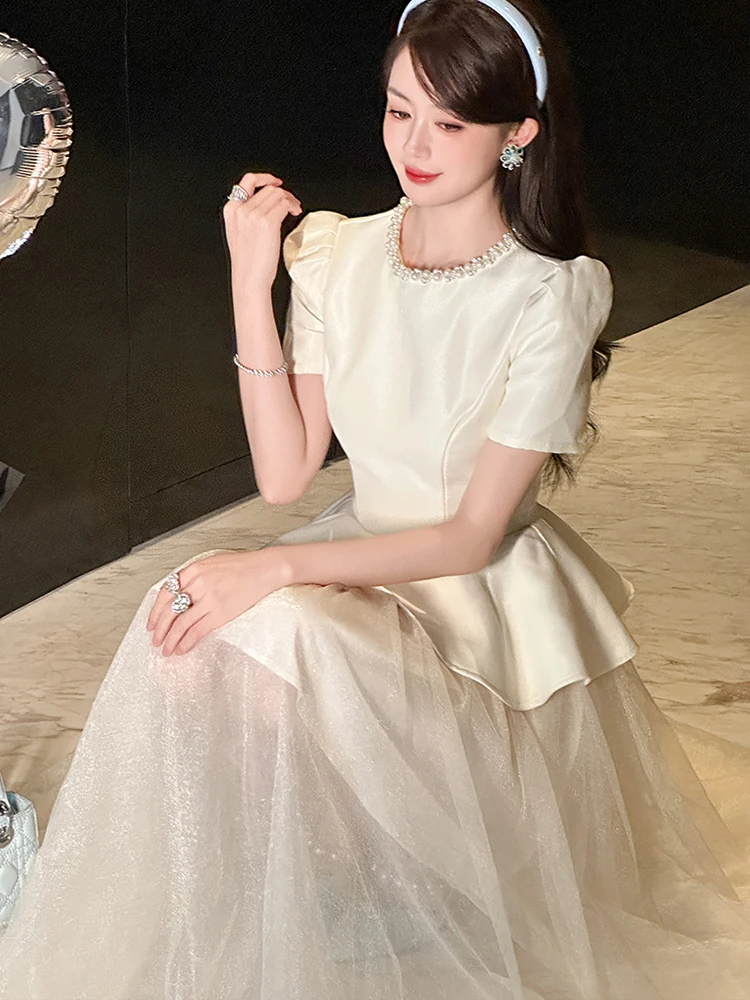 Abito da sera formale francese squisito da donna Abito da ballo in maglia trasparente femminile Lady Falso 2 pezzi con volant Swing Robe Abiti da compleanno