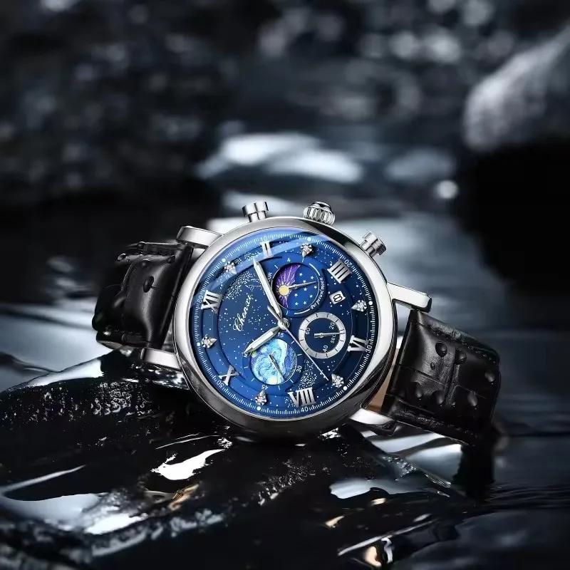 CHENXI 972 Sun Stars Stopwatch Multi-function Fashion Men's Moon Phase Timing Calendar Quartz Watch Clock Man relogios masculino