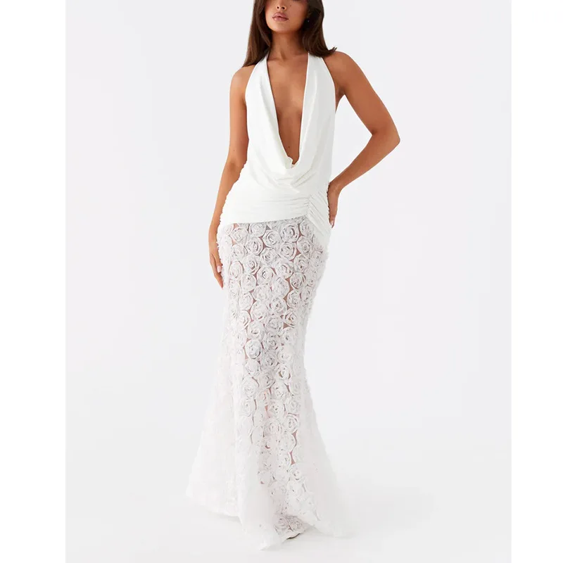 

Women's Deep V Halter Neck Backless Dress 3D Floral Straps Bodycon Wedding Guest Formal Events Soft Flowy Fabric 2025 Summer New