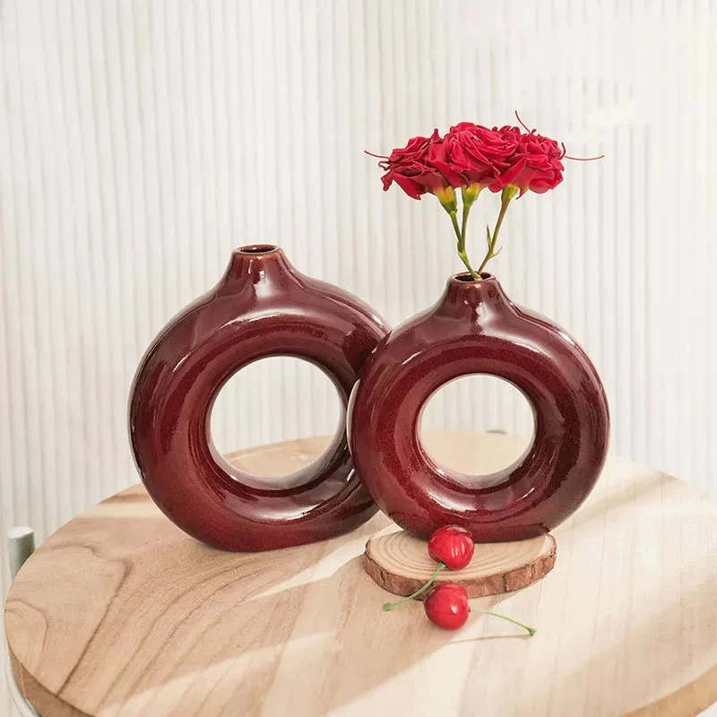 Shining Deep Red Porcelain Vase Plant Pots Table Decoration Ornaments Flower Arrangement Round Ceramic Vase Room Aesthetic Decor