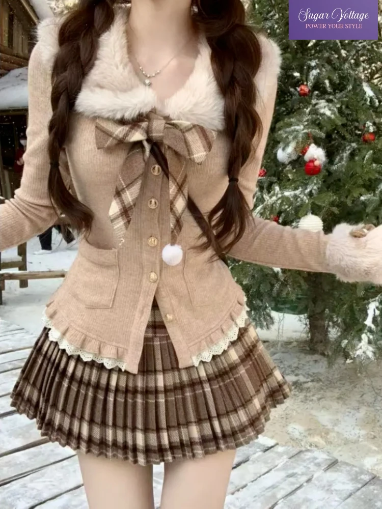 Korean Sweet 2 Piece Set for Women Slim Fit Bow Fur Collar Knit Cardigan + High Waist Plaid Pleated Skirt Elegant Fashion Outfit