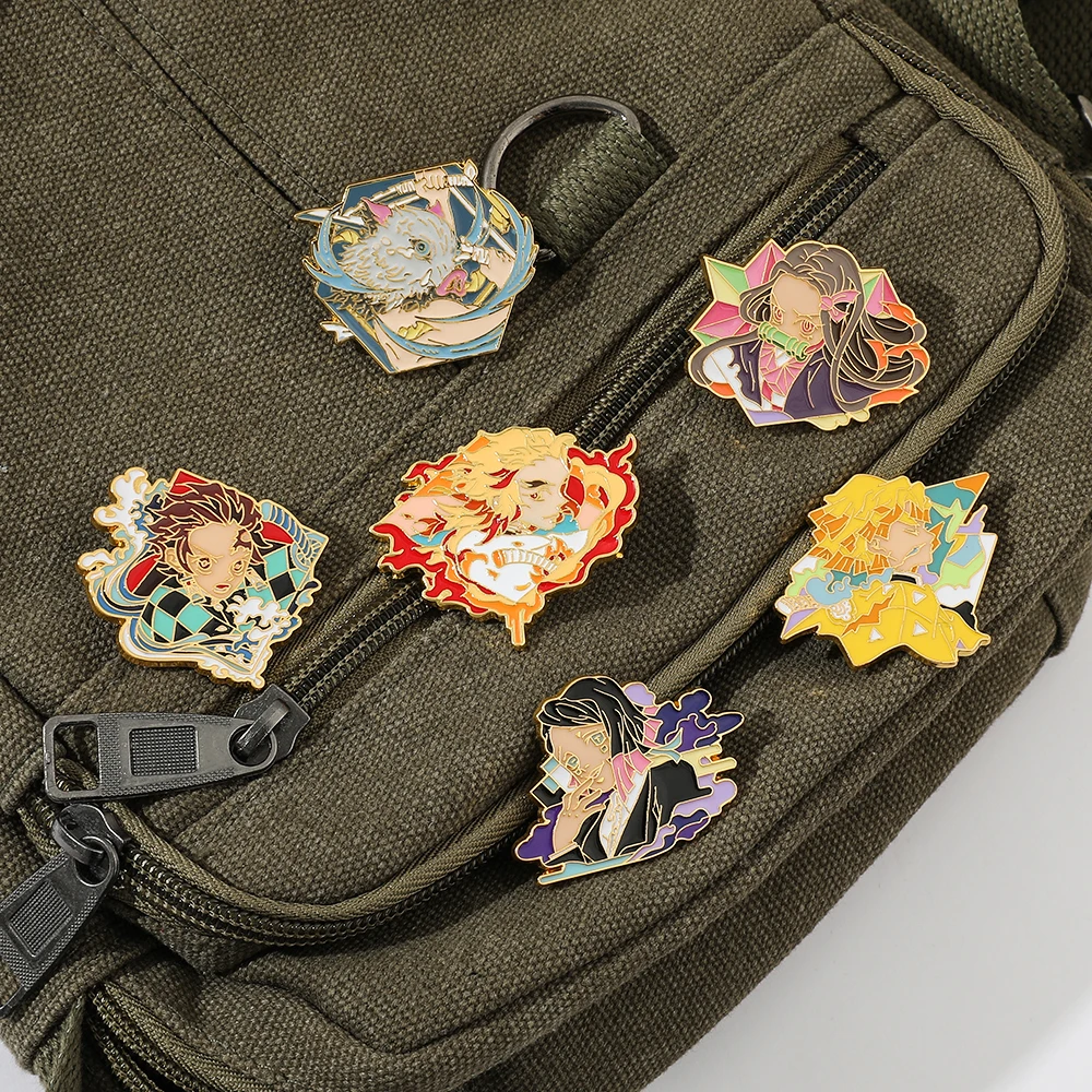 Anime Demon Fighter Enamel Pins, Colorful Gold Trimmed Brooch Set, Ideal Gift for Anime Fans, Collectors, Birthday & Christmas