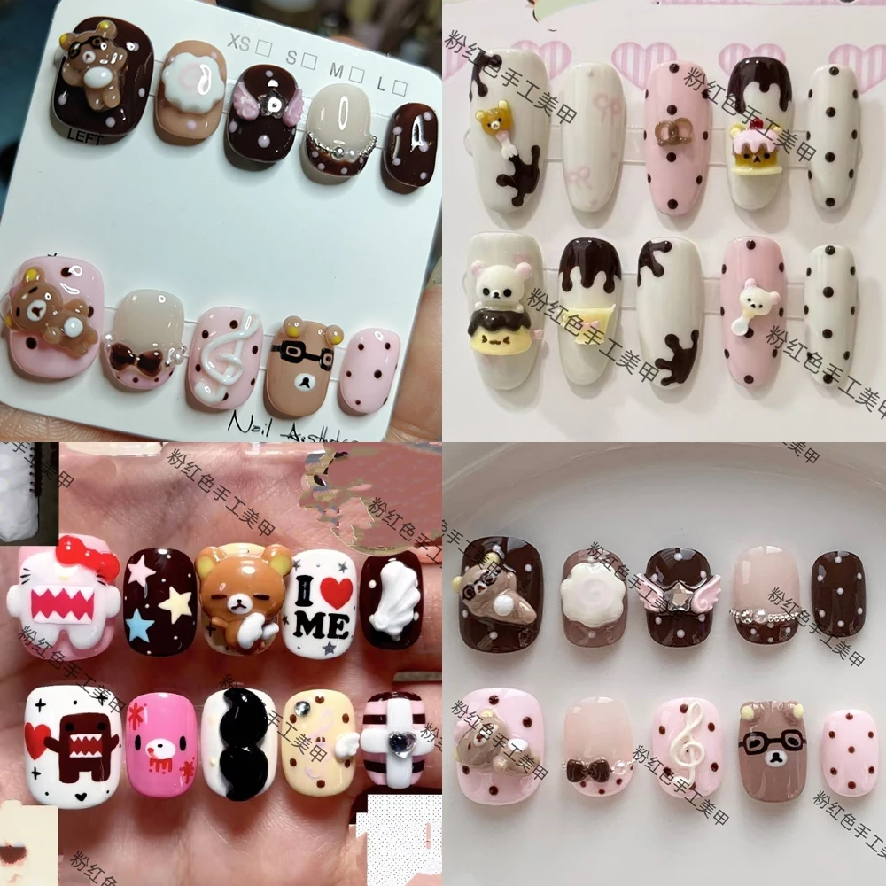 

Sweet Lovely Cartoon Rilakkuma Series Handmade Ellipse Press On Nail Strawberry Stars Cake Pearl Bowknot Wings Diamond Fake Nail