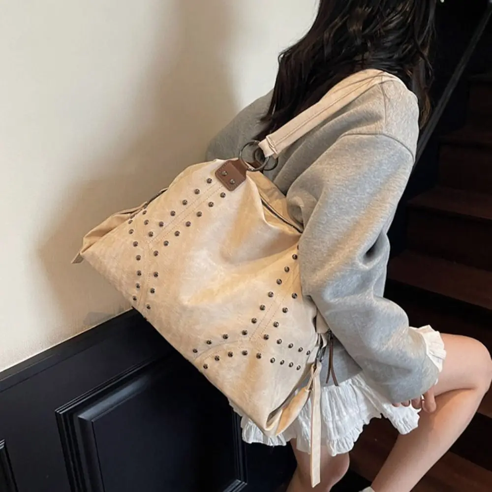 

PU Leather Rivet Shoulder Bags Large Capacity Fashion Design Locomotive Style Underarm Bag Korean Style Solid Color