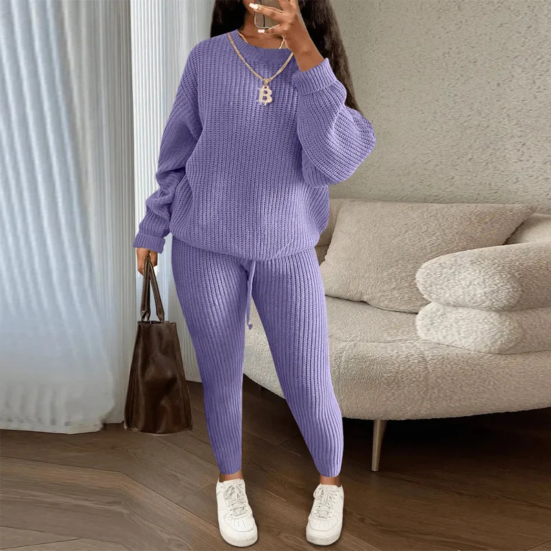 Casual Loose Long Sleeve Knitted Pullover Tops& High Waist Pencil Knitwear Pant Suits Women's Sweater Sets Two 2 Pieces Sale