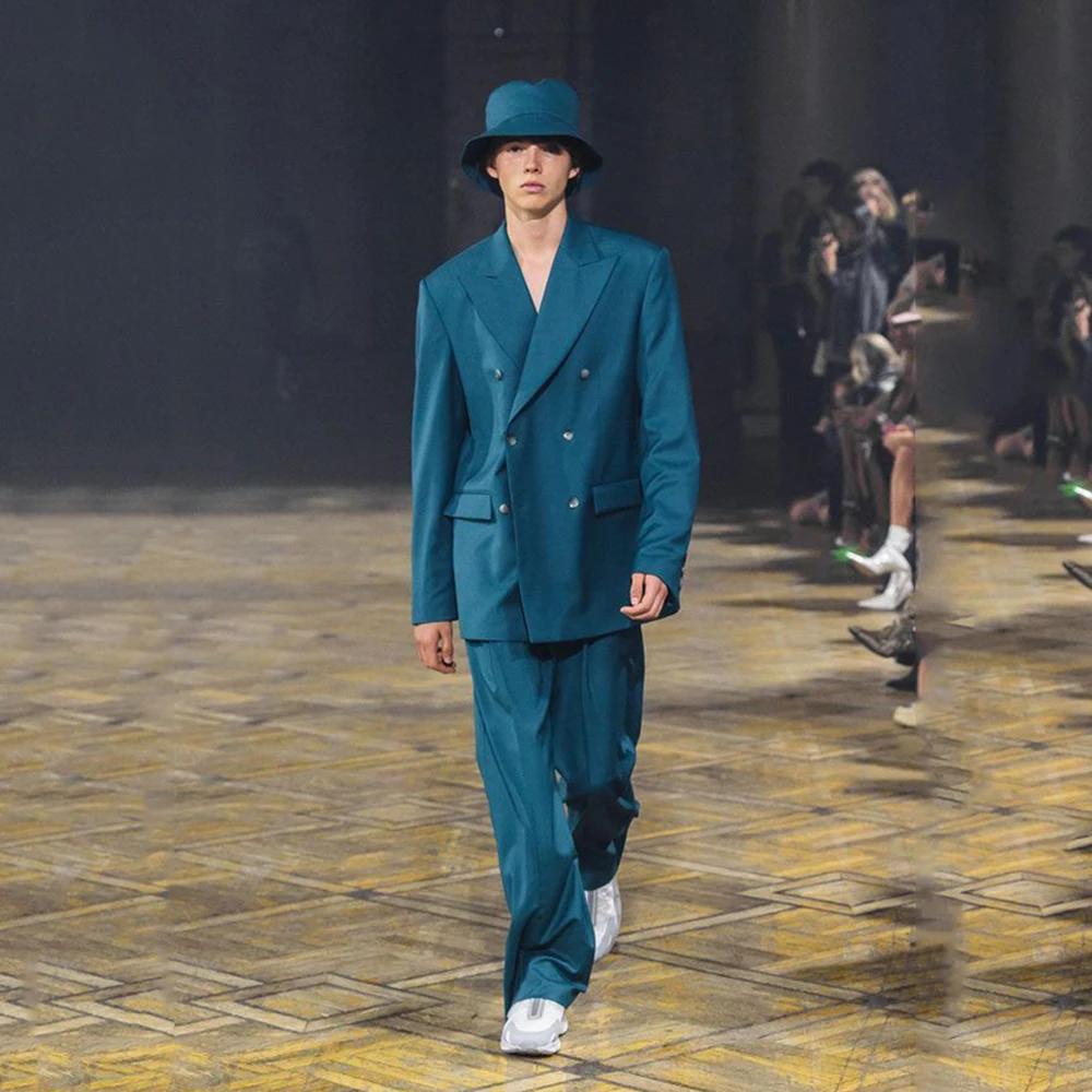 

Gorgeous Blue Suits for Men Double Breasted 2 Pieces Jacket Pants Blazers Sets Elegant Banquet Party Business Costume Homme