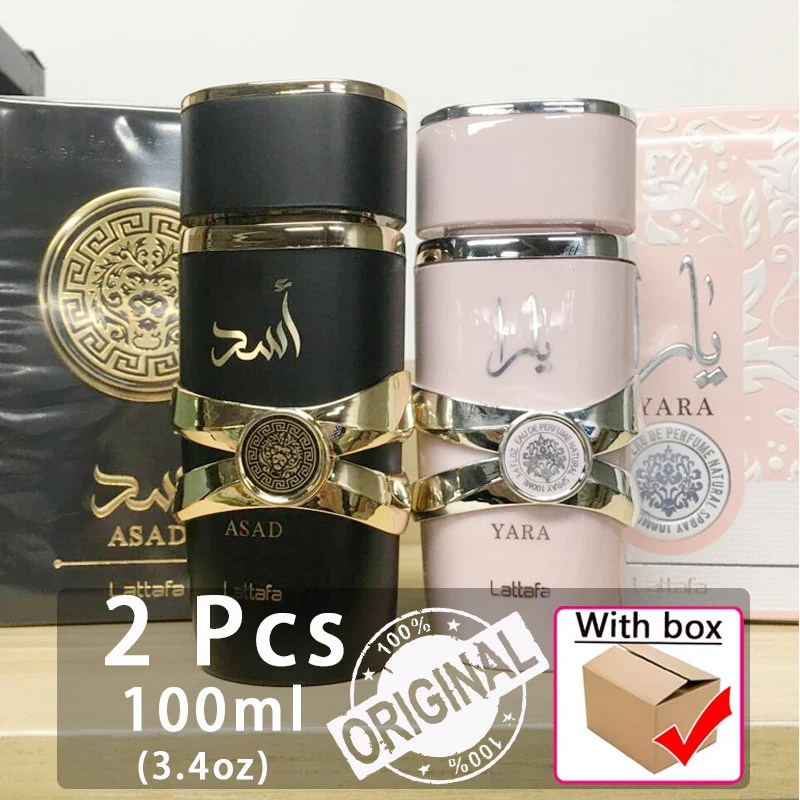 2 kotak 3.4oz (100ml) Parfum Yara pria asli parfum tahan lama aroma asli Set hadiah Moi Tous Asad Candy Parfum Arab wanita