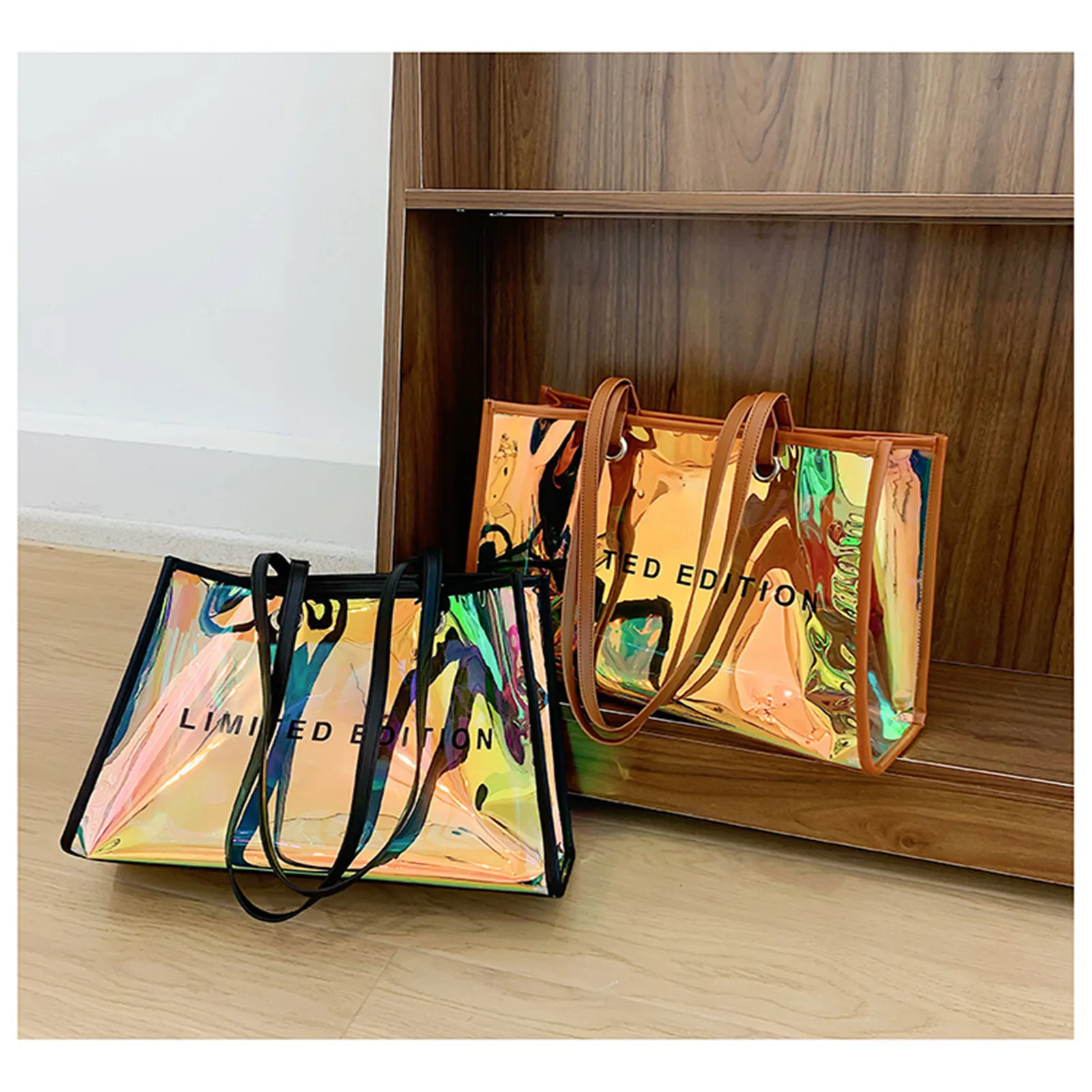 Laser Transparent Shopping Bag Casual Large Capacity Pvc Fruit Shoulder Bag Women\'S Printed Letter Tote Bag Waterproof Handbag