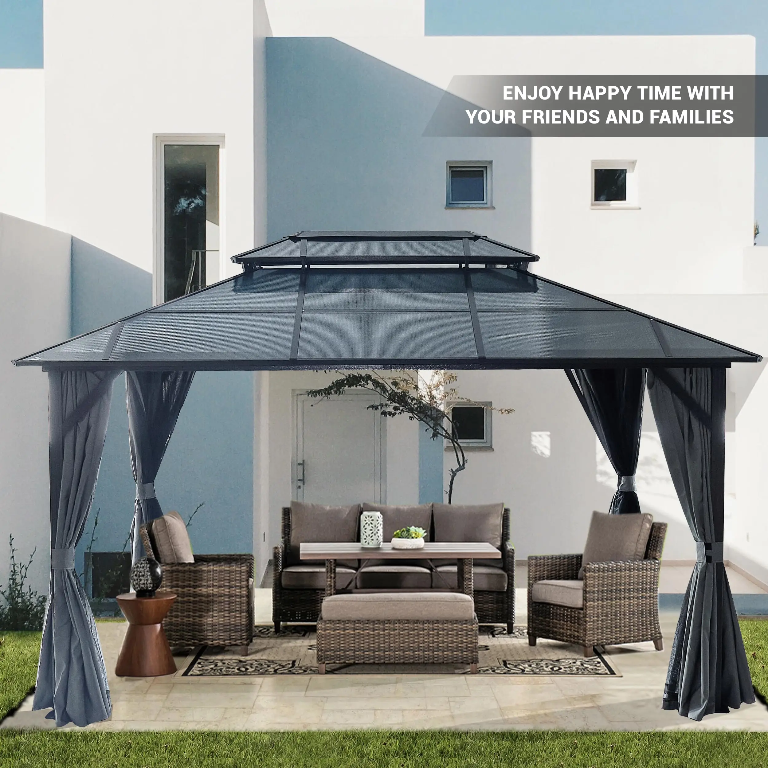 Hot Sale Luxury Portable Double Roof Canopy Pavilion Garden Outdoor Hardtop Gazebo With Curtains And Netting