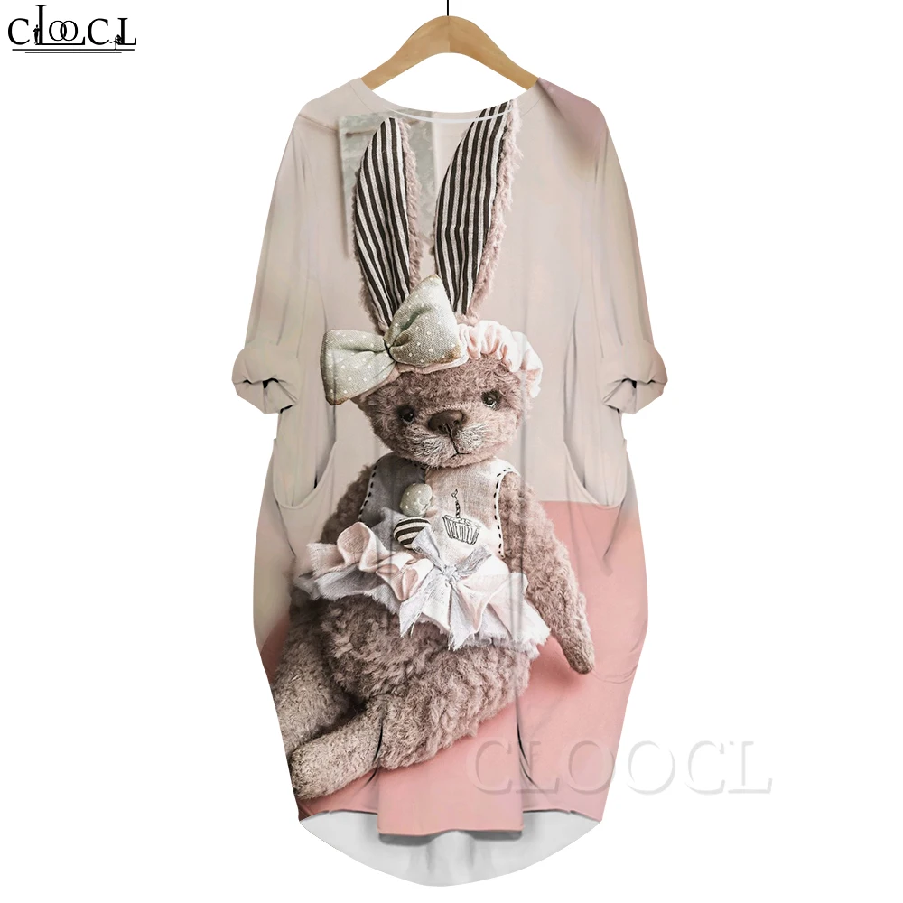 CLOOCL Kawaii Dress Plush Toy Rabbit Graphics 3D Printed Casual Long Sleeves Pocket Knee-length Oversized Dresses Spring Summer