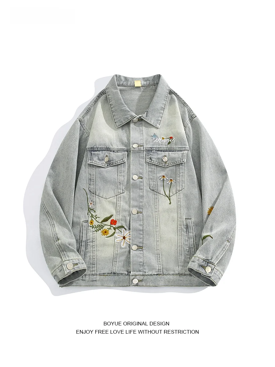 

Джинсовая куртка Boyue с американской цветочной вышивкой, повседневная, в стиле High Street, для студентов, мужчин и женщин, весна-осень-зима, верхняя одежда