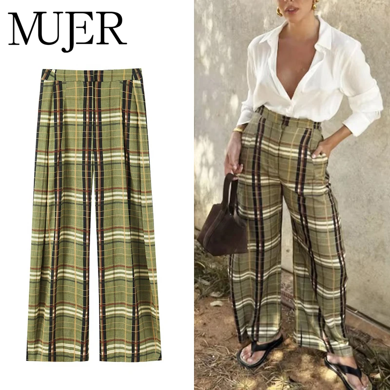 MUJER Plaid Baggy pantalon femme décontracté pantalon à jambes larges pour femmes taille moyenne surdimensionné pantalon femme Vintage pantalon plissé femme