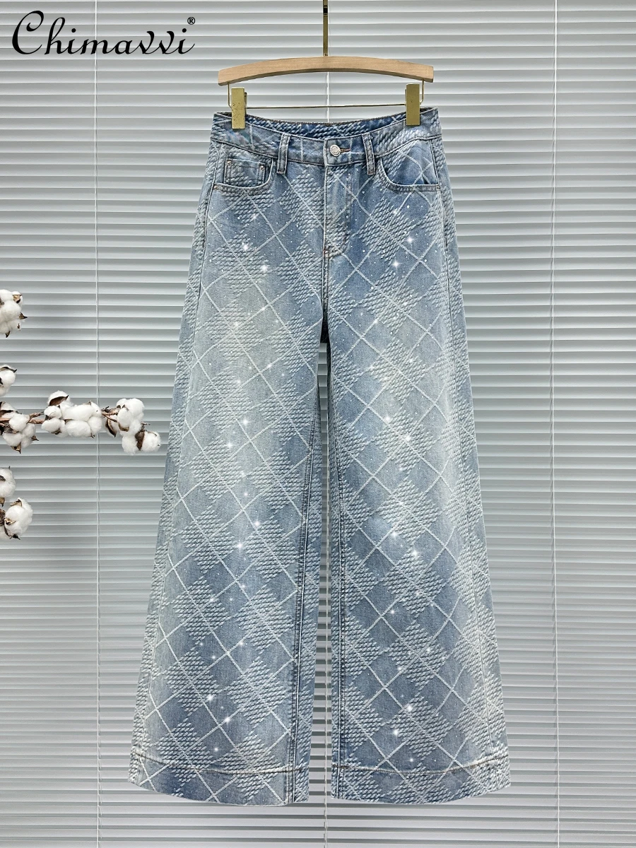 

European Hot Diamond Jeans Women's Wide-leg Pants 2025 Spring Autumn New Fashion Printed High-waist Streetwear Mopping Pants