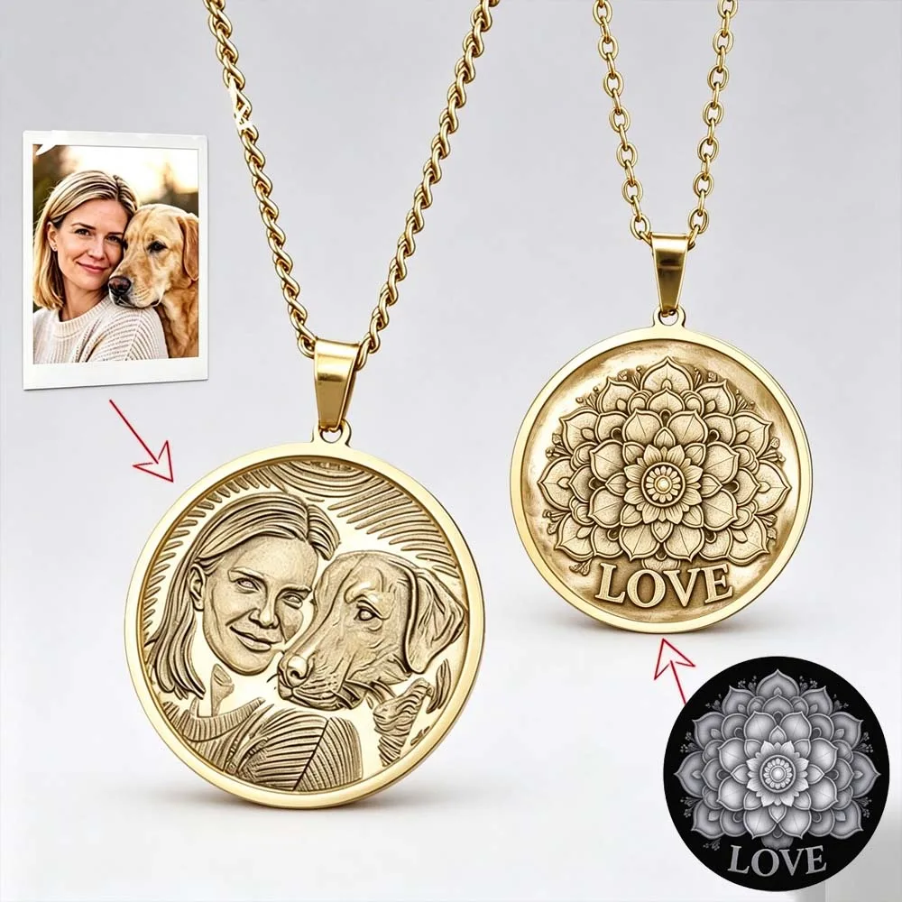 Custom Photo Relief Necklace 3D Engraved Coin Pendant Portrait Family Crest Personalized Gift For Women Men Chain Copper Jewelry