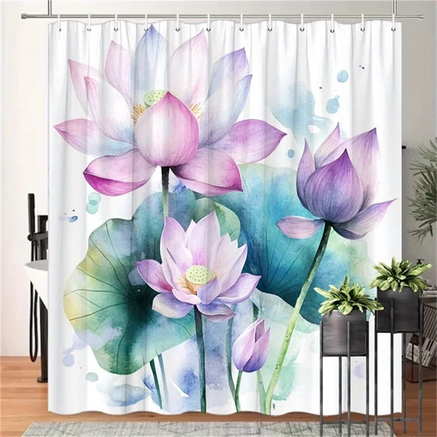 ~O~Lotus Flowers Shower Curtain - Soft Pink Lavender & White, Blue-Green Leaves, Watercolor, Polyester, 12 Hooks, 70.8x70.8 Inch