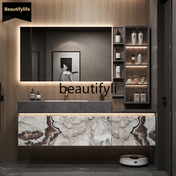 Hotel wind bathroom cabinet combination rock slab seamless ceramic integrated basin table basin washbasin cabinet D80