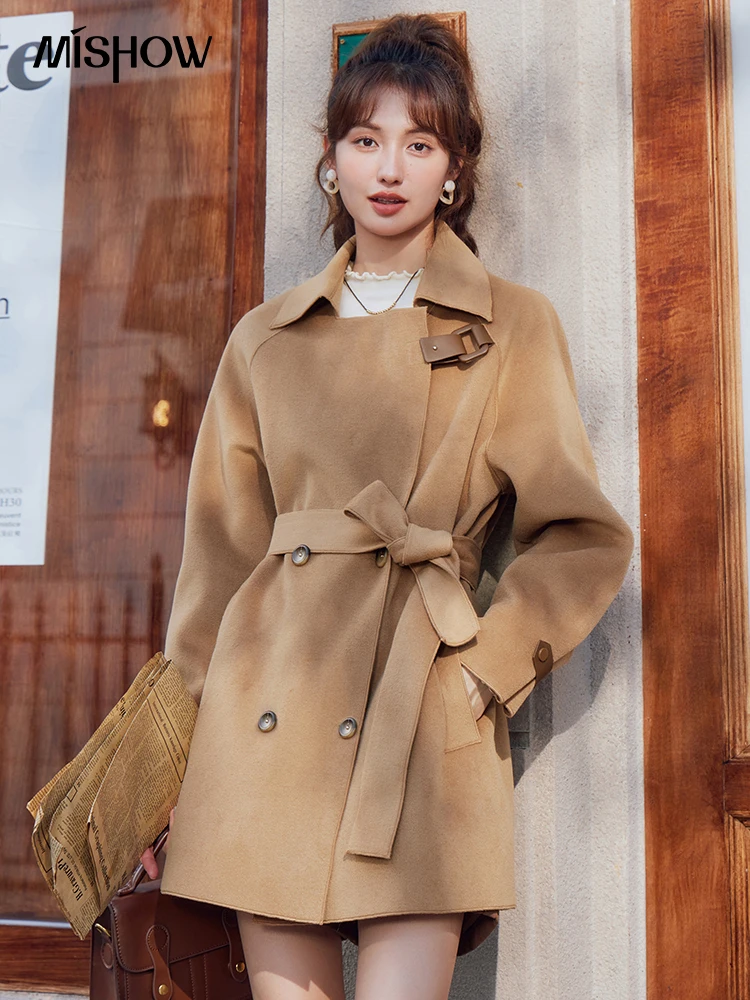 

MISHOW Double Faced Woolen Coat for Women Autumn Winter Midi-length Double-breasted Jacket Casual Loose Outerwear Top MXC48W0099