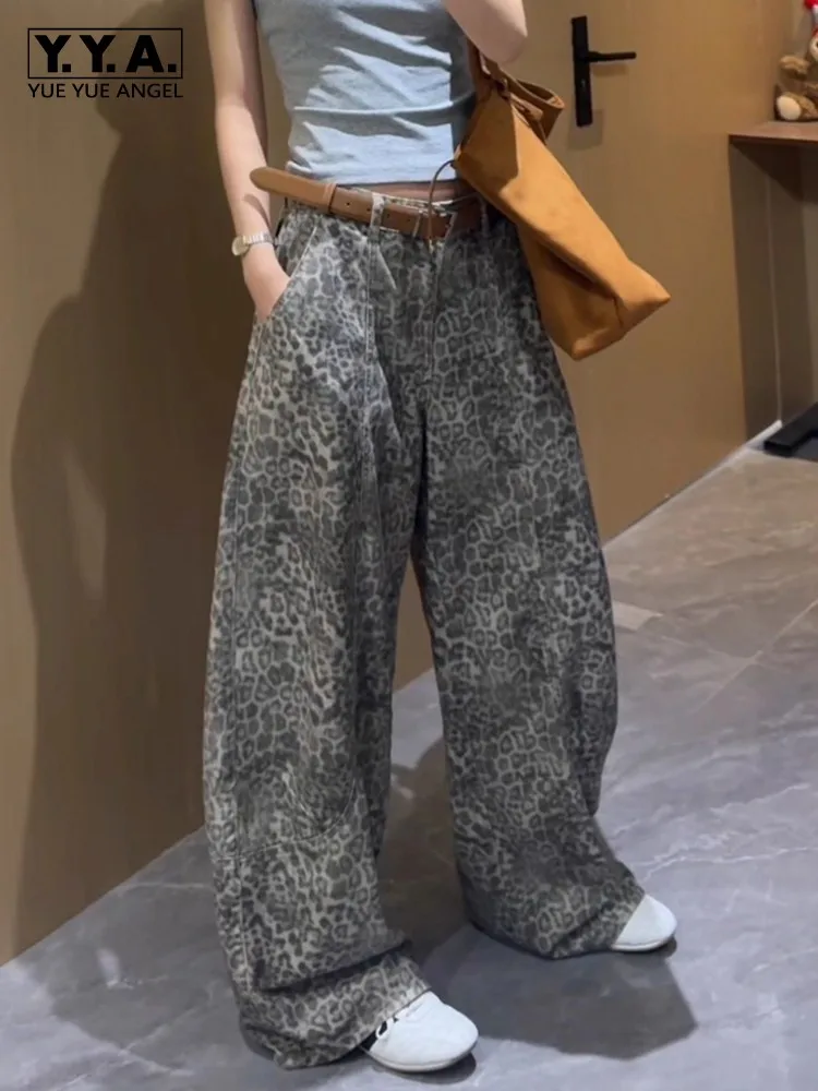 

Уличная одежда, женские джинсы с леопардовым принтом, свободные винтажные прямые брюки в стиле хип-хоп с высокой талией, повседневные женские широкие джинсовые брюки