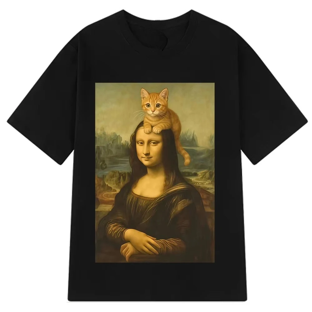Cat Ahd Mona Lisa with Cat Funny Meme T Shirt Men Women Short-sleeved Cotton Harajuku Casual Oversiz