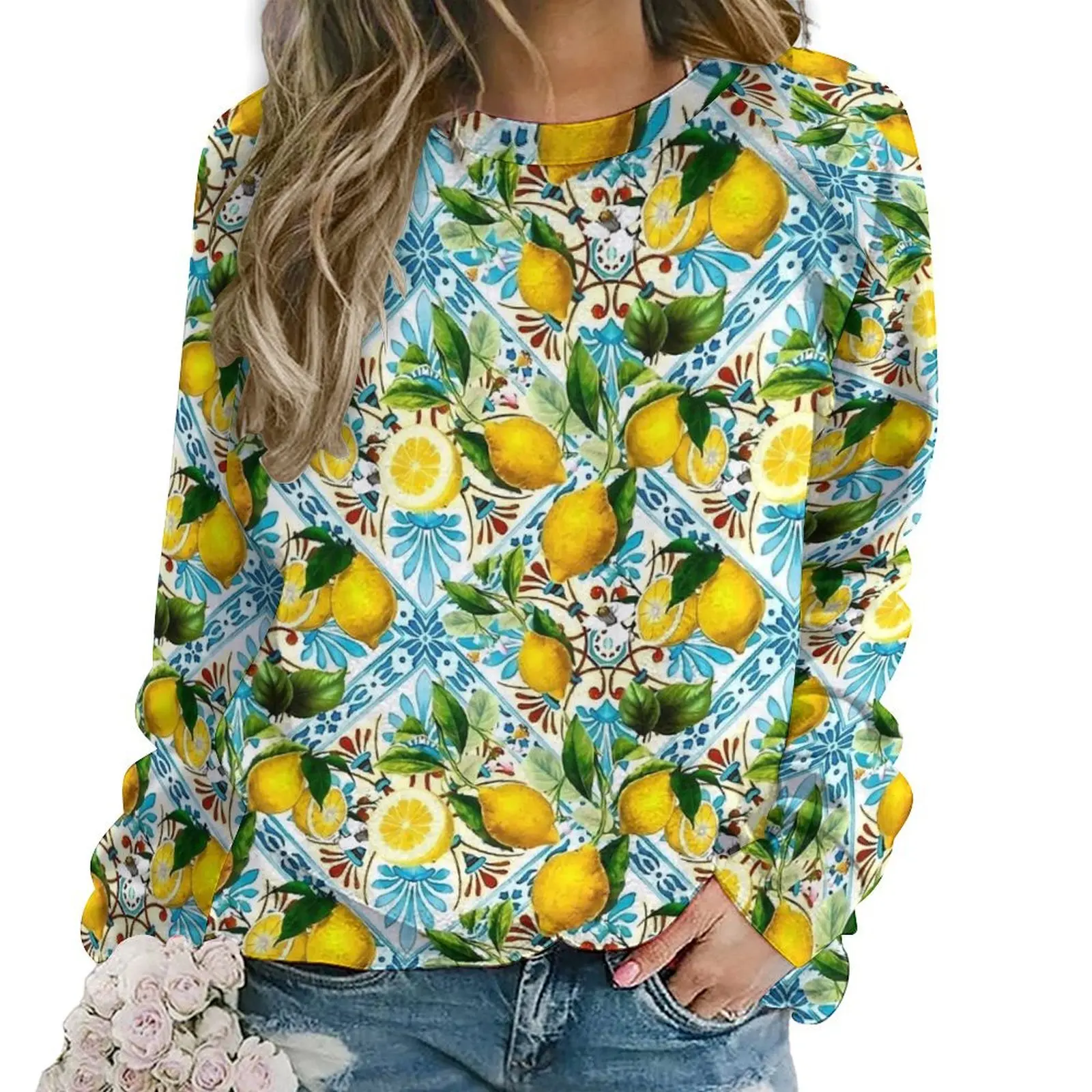 Retro Mosaic Lemon Hoodies Sicilian Tiles Street Fashion Oversized Hoodie Woman Long Sleeve Pretty Pattern Casual Sweatshirts