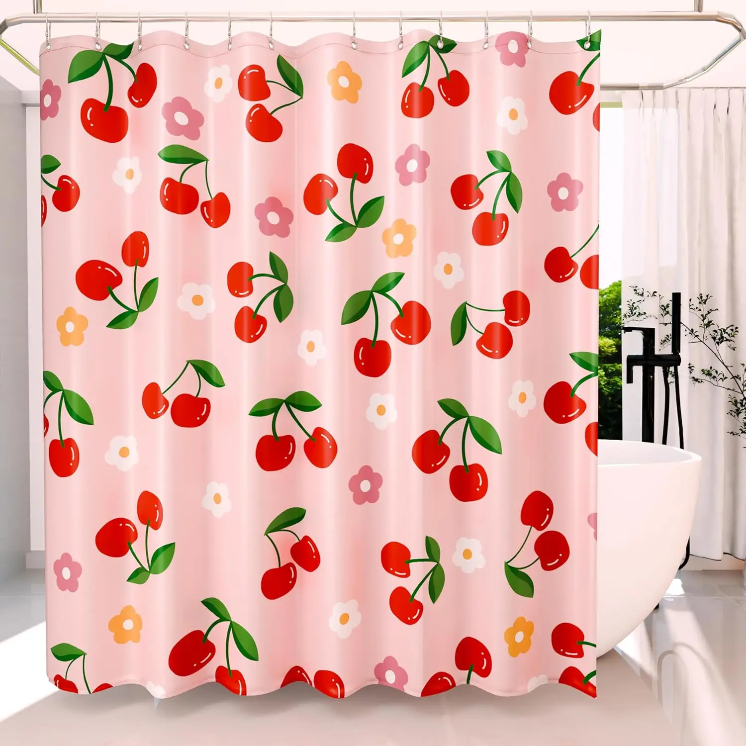 

Floral Cherry Shower Curtain, Cute Pink Waterproof Fabric Curtain, Soft Polyester Washable Privacy Cloth for Bathroom or Hotel