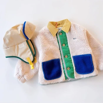 Op voorraad! Kinderjas 24, wintereditie, herenkraag, lamswol, winterkleding, warme damesjas van pluche met kleurblokken