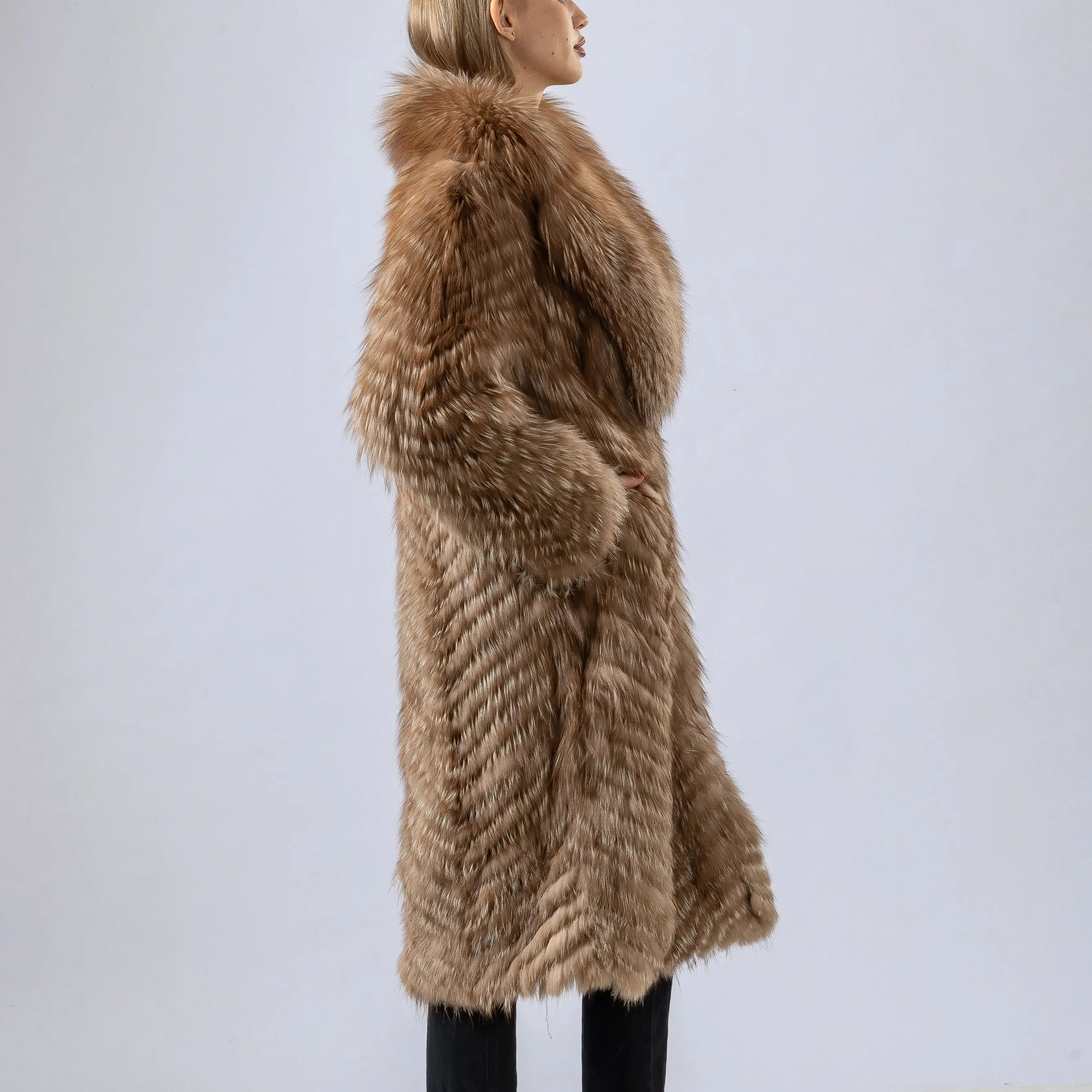Abrigo largo de piel de zorro natural real con cuello grande largo 110 cm 250464