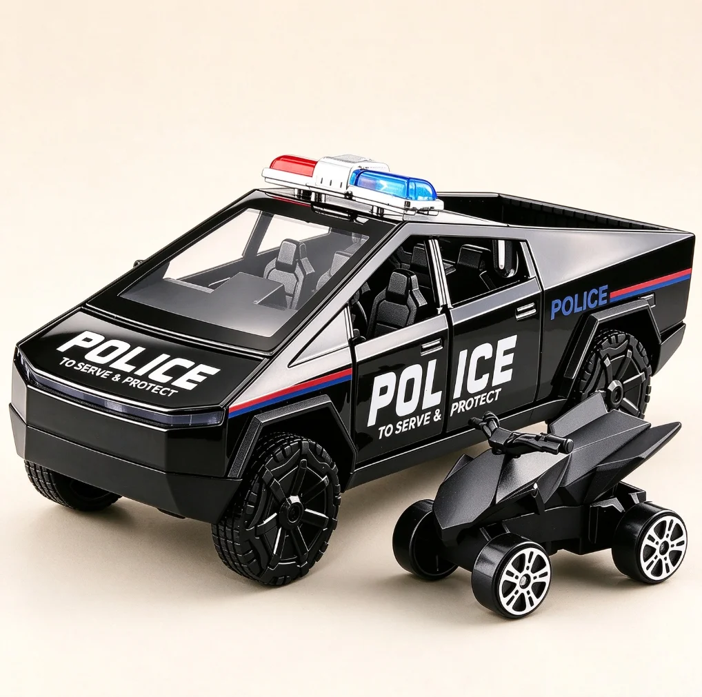 NEW 1/36 Scale Future Pickup Police Car Alloy Replica Pull Back Openable Doors With Mini All Terrain Vehicle Car Birthday Gift