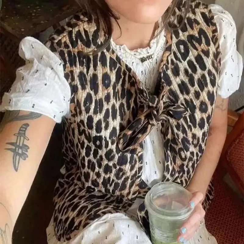 Women Fashion Leopard Lace-up Waistcoat Loose V-Neck Sleeveless Tank Top 2024 Summer for Lady Vest Streetwear