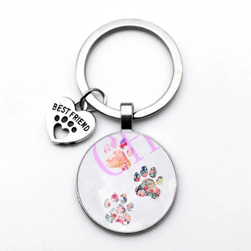 Popular Jewelry Dome Glass Zinc Alloy Keychain Pet Dog and Cat Paw Print Paintings Gifts