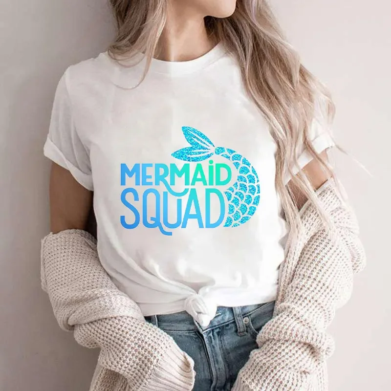 Ropa con estampado de escuadrón de sirena para mujer, camisetas Harajuku para mujer, camisetas de manga corta, camisetas con estampado de sirena Y2k, Tops de fiesta de cumpleaños para niñas