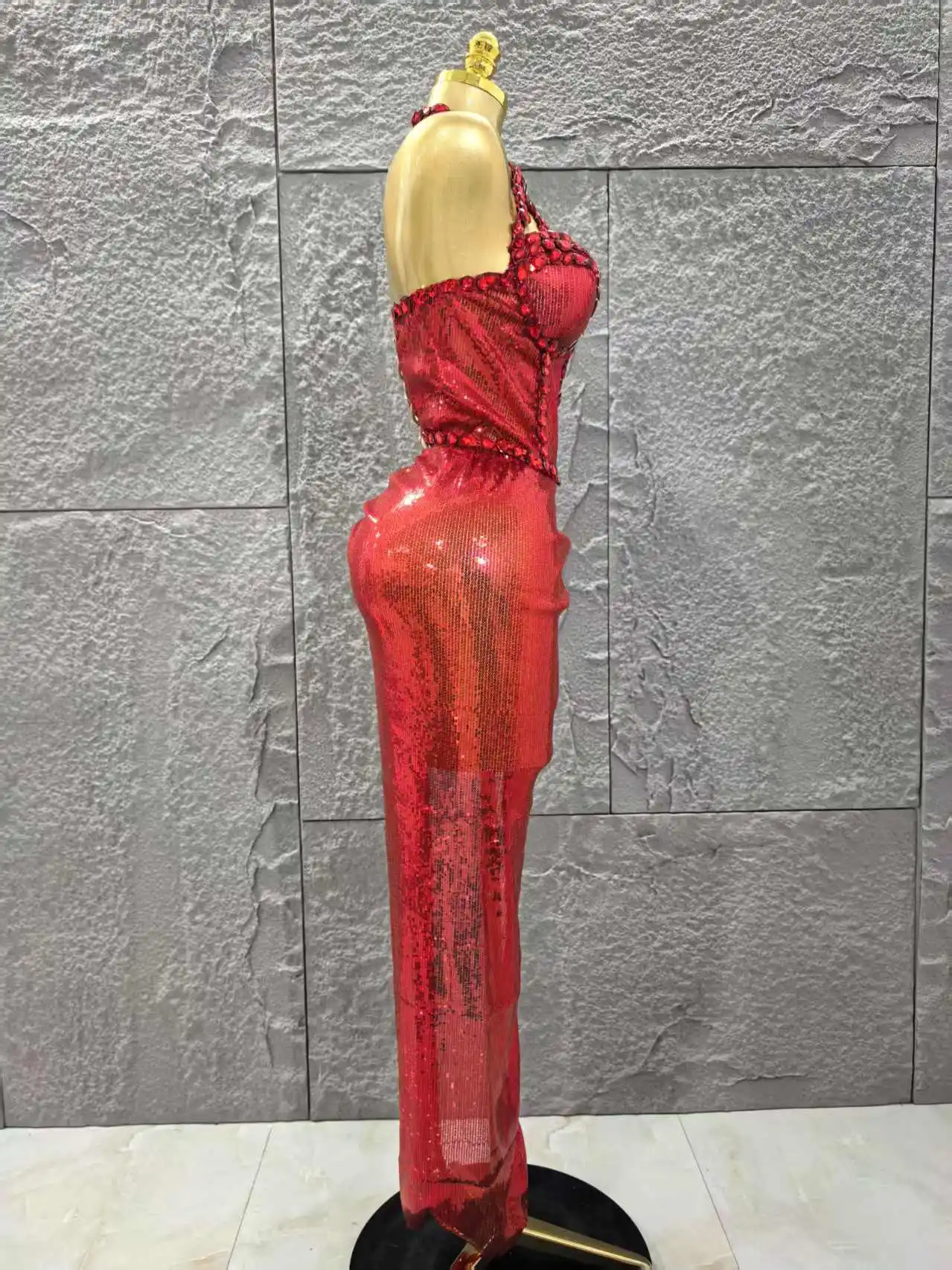 魅力的な豪華な輝くダイヤモンドスパンコールの赤いロングドレス2点セット、新作レディースイブニングドレス、誕生日パーティー、ナイトクラブ、ステージに