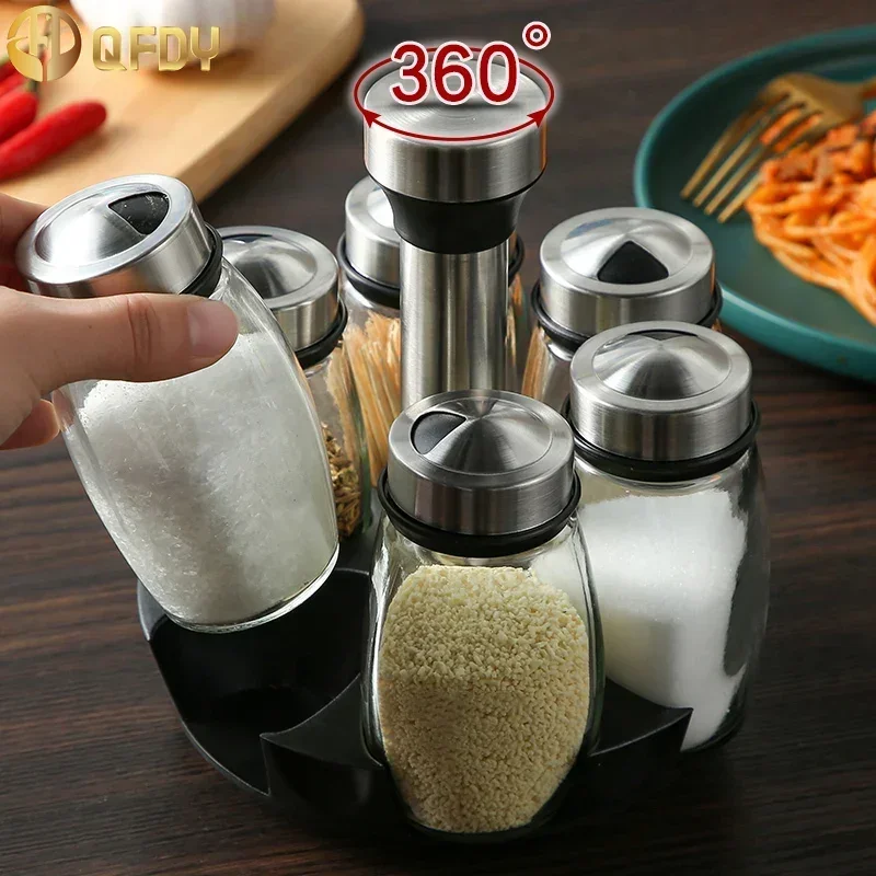 

Kitchen Rotating Seasoning Bottle Set Barbecue Sprinkle Bottle Lead free Glass Bottle Seasoning Can Storage Rack Moisture proof