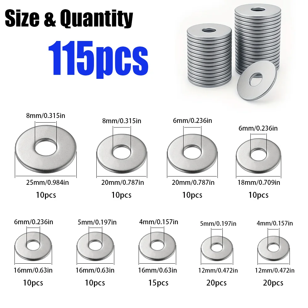 115 Large Wide-Body Stainless Steel Flat Washers M4 M5 M6 M8 for Home, Kitchen, Shop, and Outdoor Construction Maintenance
