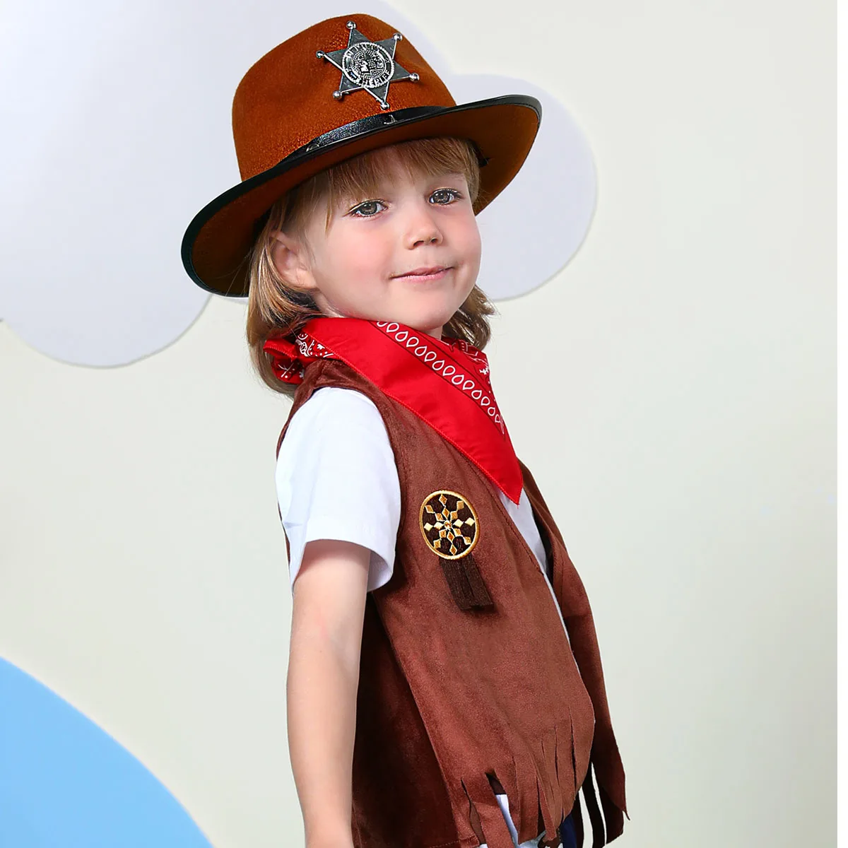 Toddler Boys Western Cowboy Brown Hat Cowgirl Costume Bandanna Felt Hat Halloween Wild West Cosplay Party Dress Up 1-3 T