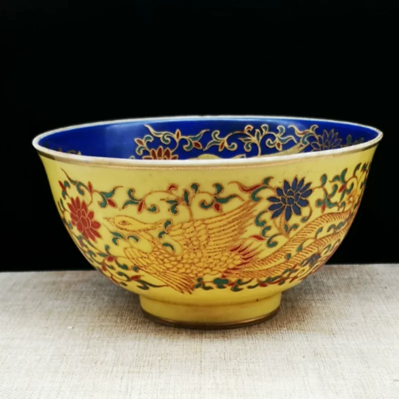 Antique ceramics yellow glaze doucai flowers phoenix patterned cups decorative bowls folk art collections handicrafts