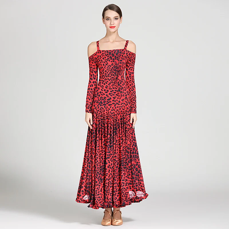 Dance Dresses Standard Competition Dresses Leopard Print Long Dress Red Practice Dancewear Yellow Spaghetti Straps Printed Blue